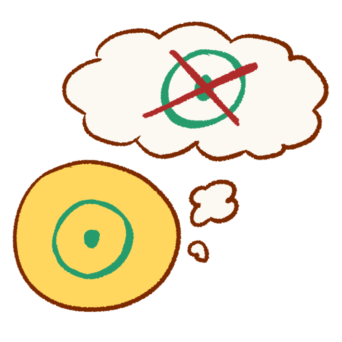 A drawing of an emoji yellow person with a green disability sun symnbol on their head. They are thinking a thought bubble which contains the disability sun symbol with a large red X over it.