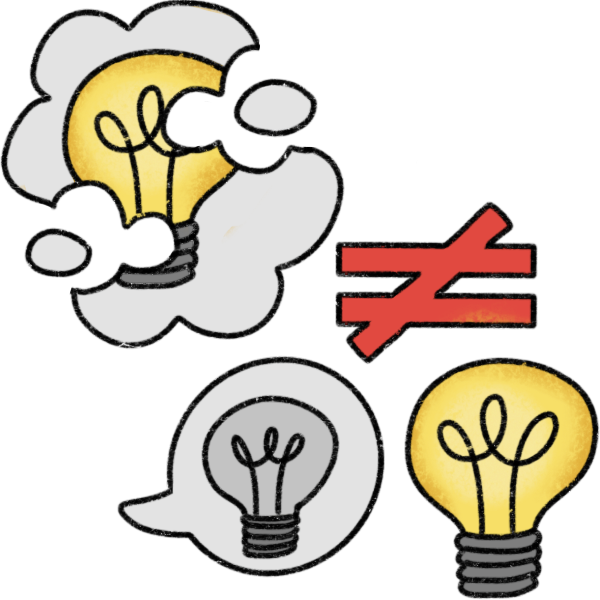 a lit lightbulb in a thought bubble that has holes and gaps in it, followed by a red does not equal sign. Below these are another lit lightbulb, and a speech bubble with an unlit lightbulb in it