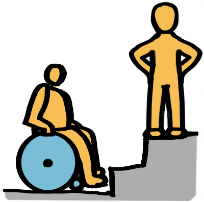  person in a self-propelled manual chair, stopped by stairs. on top of the stairs is a person without any mobility aids, in a confident pose with their hands on their hips.

the person without the mobility aids is benefiting from the barrier that is preventing the wheelchair user from reaching their position.