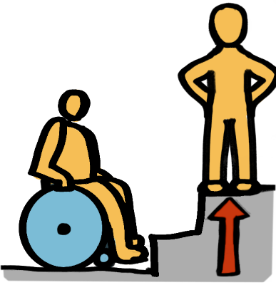  person in a self-propelled manual chair, stopped by stairs. on top of the stairs is a person without any mobility aids, in a confident pose with their hands on their hips.the person without the mobility aids is benefiting from the barrier that is preventing the wheelchair user from reaching their position. a red arrow points at the person without mobility aids, on the top of the stairs. the arrow is inside the stairs, and is also pointing at the stairs themselves. this way, the picture can mean both “ableist” as a description, and “ableist” as a person who enforces and uses ableism.