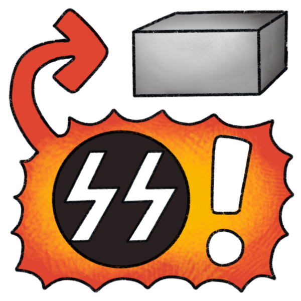 A spiky red and orange bubble with the SS symbol and an exclamation point, with an arrow branching out of the bubble that points to a grey block