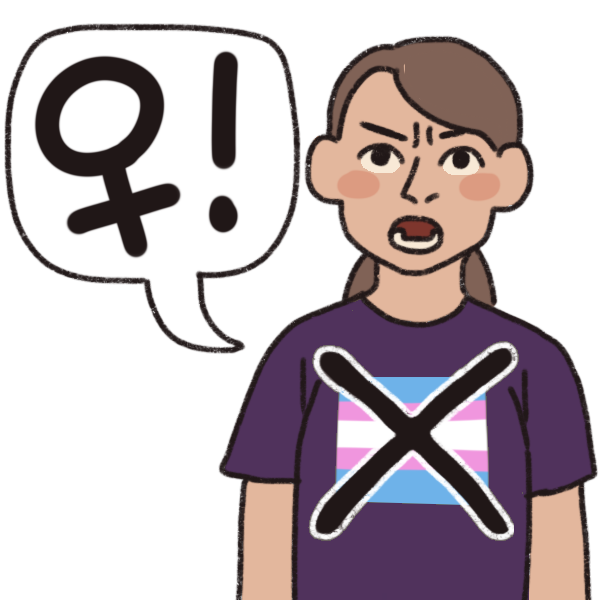 a shouting white woman with brown hair and a purple t shirt, which has a crossed out trans flag on it. The speech bubble beside her has the Venus/female symbol and an exclamation point