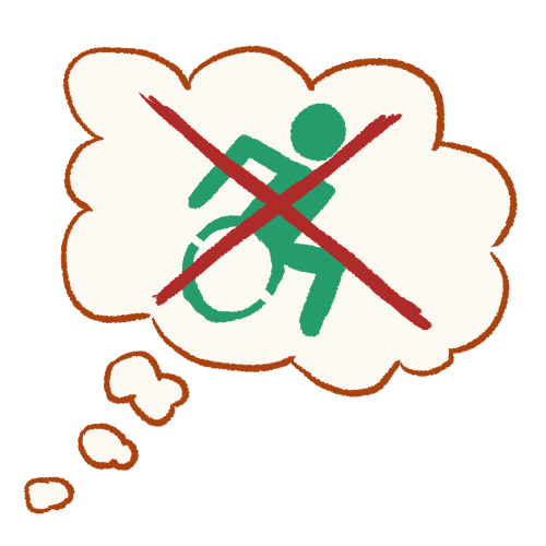 A drawing of a thought bubble containing the active wheelchair symbol with a large X drawn over it.
