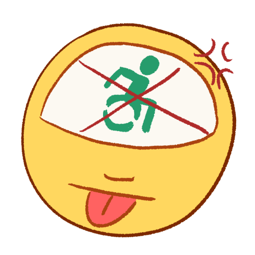 a digitally drawn emoji of a person sticking their tongue out with an angry expression. drawn in their head is the active wheelchair symbol with a large X drawn over it