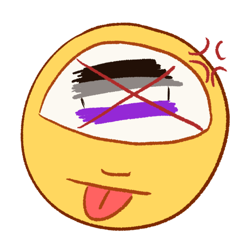 a digitally drawn emoji of a person sticking their tongue out with an angry expression. drawn in their head is an asexual flag with a large X drawn over it