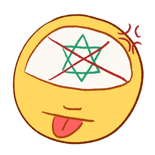 a drawing of a person sticking their tongue out with an angry expression. drawn in their head is a Star of David with a large X drawn over them.