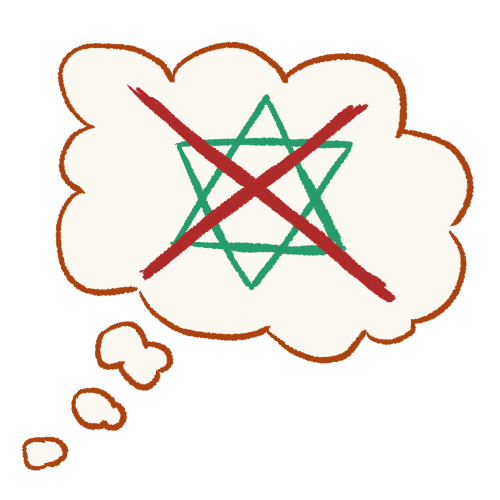 A drawing of a thought bubble containing a Star of David with a large X drawn over it.