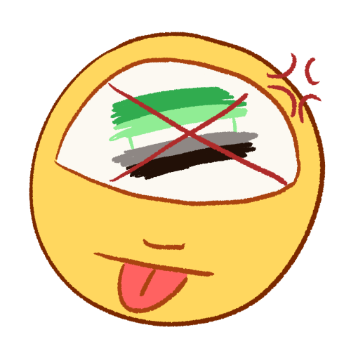 a digitally drawn emoji of a person sticking their tongue out with an angry expression. drawn in their head is an aromantic flag with a large X drawn over it