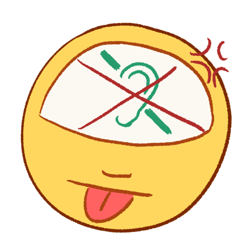 a digitally drawn emoji of a person sticking their tongue out with an angry expression. drawn in their head is the Deaf symbol, an ear crossed out, with a large X drawn over it