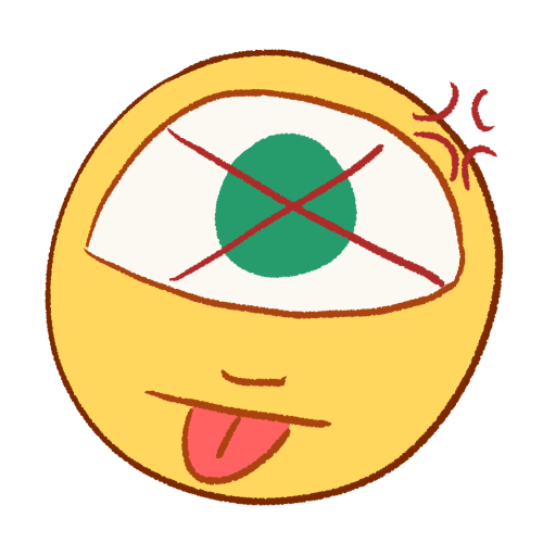 A drawing of a person angrily sticking their tongue out. Drawn on their head is a green circle with a large X drawn over it.