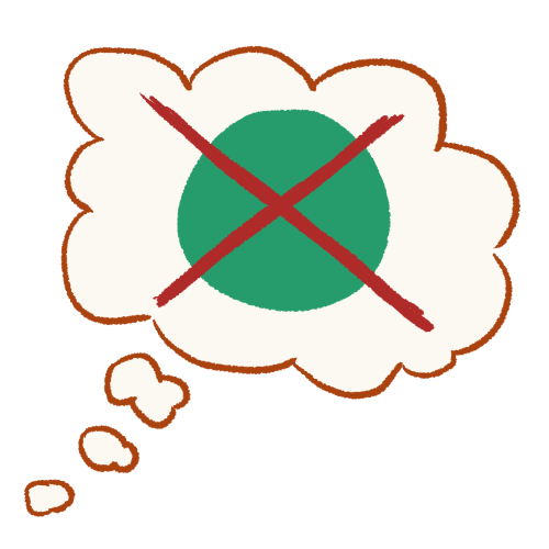 A drawing of a thought bubble containing a green circle with a large X drawn over it.