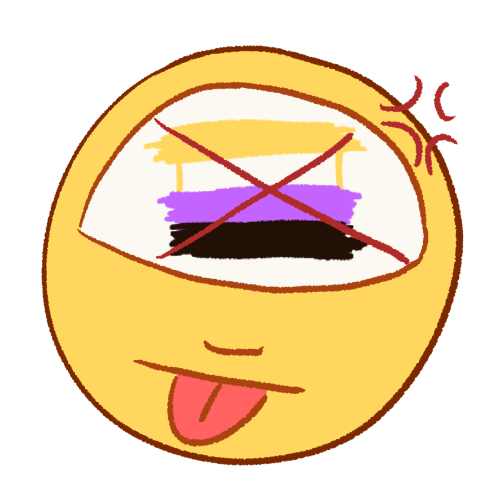 a drawing of a person angrily sticking their tongue out. in their head is the nonbinary flag with an X over it.