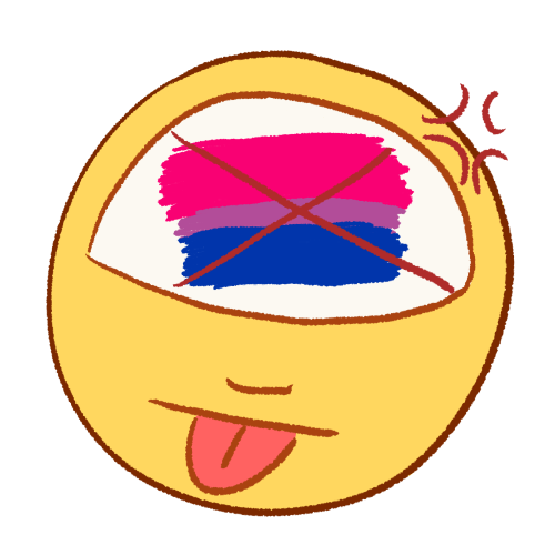 a digitally drawn emoji of a person sticking their tongue out with an angry expression. drawn in their head is a bisexual flag with a large X drawn over it