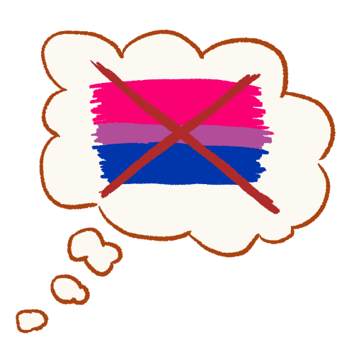 A drawing of a thought bubble containing a bisexual flag with a large X drawn over it.