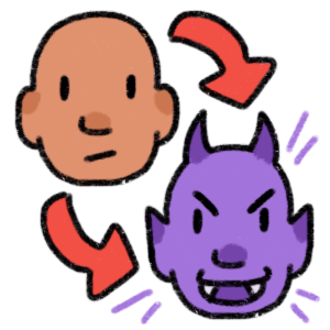 the face of an average person with no hair and mid-toned skin, and red arrows pointing from them to the face of a purple demon version of them. The demon version has pointy ears, fangs, and horns, and is grinning. 