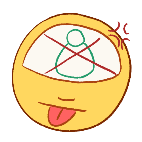 a digitally drawn emoji of a person sticking their tongue out with an angry expression. drawn in their head is a simplified outline of a fat person, with a large X drawn over it