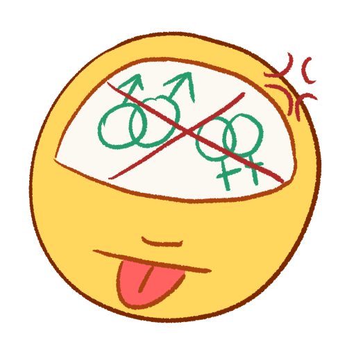a drawing of a person sticking their tongue out with an angry expression. drawn in their head are two gay symbols with a large X drawn over it