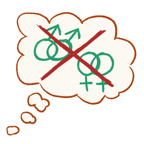 A drawing of a thought bubble containing two interlocked Mars symbols and two interlocked Venus symbols, with a large X drawn over them.