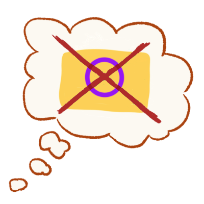 A drawing of a thought bubble containing an intersex flag with a large X drawn over it