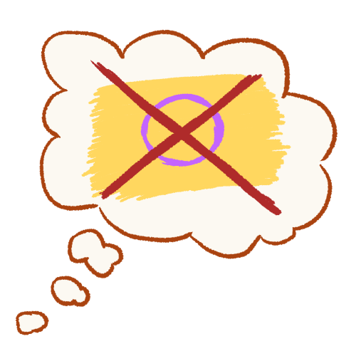 a drawing of a thought bubble with the intersex flag with an X over it