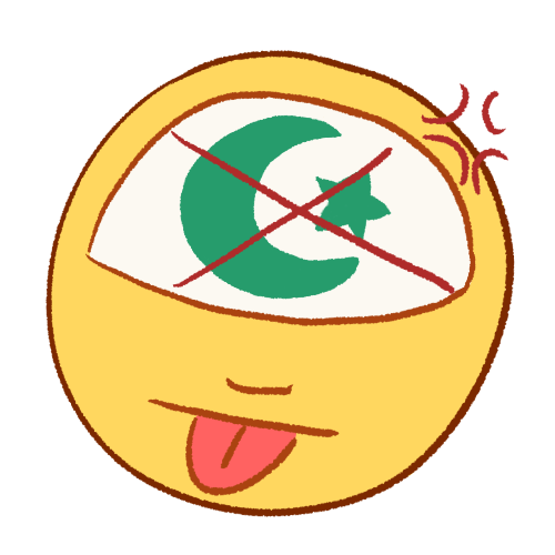 A drawing of someone angrily sticking their tongue out. Drawn on their head is the moon and star symbol of Islam with a large X over it.