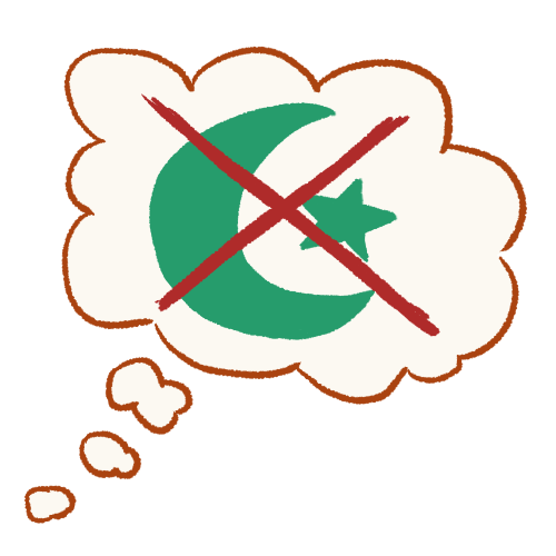 A drawing of a thought bubble containing the moon and star symbol of Islam with a large X over it.
