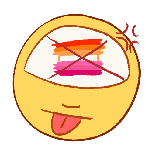 a drawing of a person sticking their tongue out with an angry expression. drawn in their head is the lesbian flag with a large X drawn over it