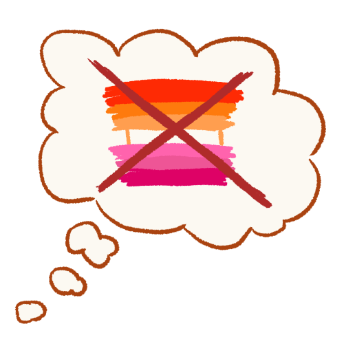 A drawing of a thought bubble containing a lesbian flag, with a large X drawn over it.