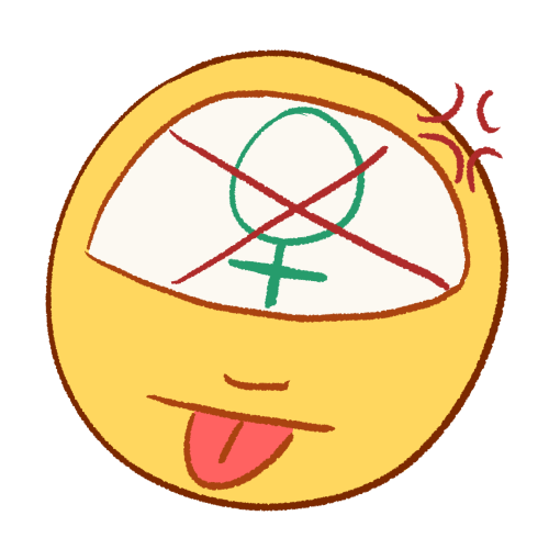 a drawing of a person sticking their tongue out with an angry expression. drawn in their head is a Venus symbol with a large X drawn over it