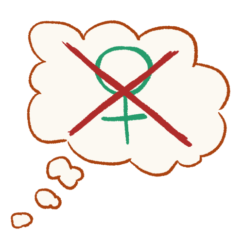 A drawing of a thought bubble containing a Venus symbol with a large X drawn over it.