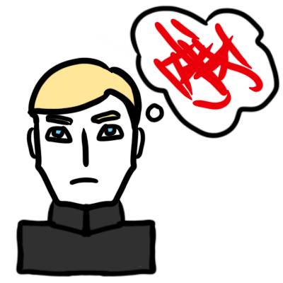a person with white (the color) skin, short straight blond hair, and blue eyes frowning. they are wearing a black uniform with no visible symbols, and have a thought bubble with sharp red scribbles in it