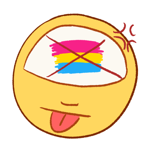 a drawing of a person sticking their tongue out with an angry expression. drawn in their head is a pansexual flag with a large X drawn over it