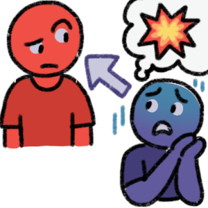  a purple person looking at a red person. The red person looks confused. The purple person has their hands clasped and looks scared, and is thinking of an explosion.  