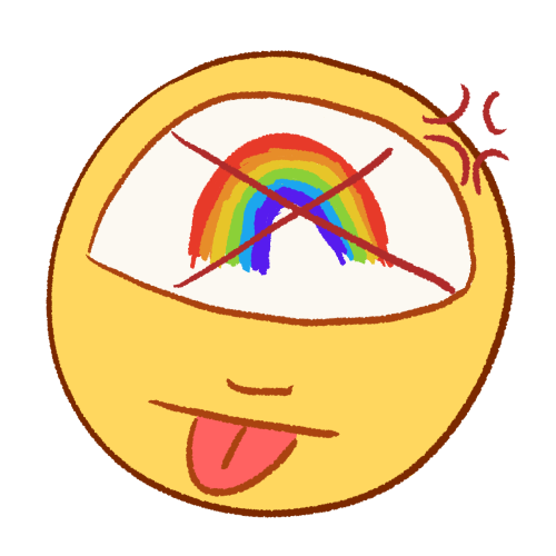 a drawing of a person sticking their tongue out with an angry expression. drawn in their head is a rainbow with a large X drawn over it