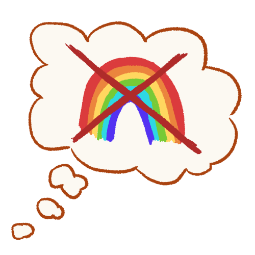 A drawing of a thought bubble containing a rainbow with a large X drawn over it