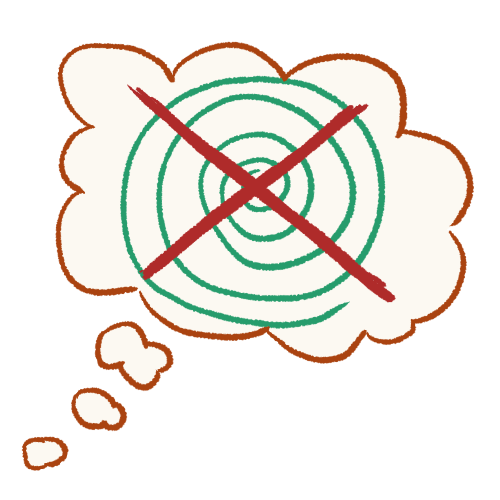 drawing of a thought bubble containing a spiral with a large X drawn over it.