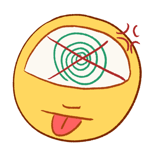 a digitally drawn image of a person sticking their tongue out with an angry expression. drawn in their head is a spiral with a large X drawn over it