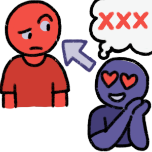 A purple person looking at a red person. The red person wears a plain red shirt and looks confused. The purple person has their hands clasped and has heart eyes, and is thinking of three X's. 