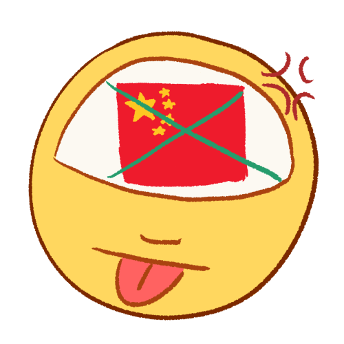 a drawing of a person sticking their tongue out with an angry expression. drawn in their head is a Chinese flag with a large X drawn over it