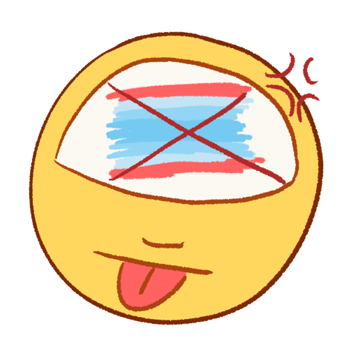 a drawing of a person angrily sticking their tongue out. in their head is the transmasculine flag with an X over it.