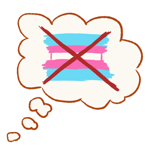 A drawing of a thought bubble containing a transgender flag with a large X drawn over it