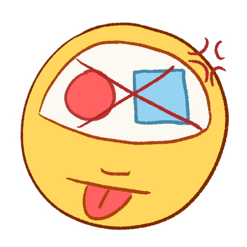 a drawing of a person sticking their tongue out with an angry expression. drawn in their head is a red circle and a blue square with a large X drawn over them.