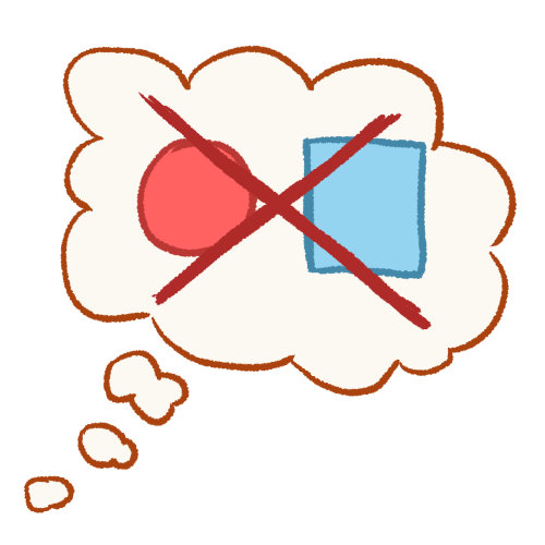 A drawing of a thought bubble containing a red circle and a blue square flag with a large X drawn over them