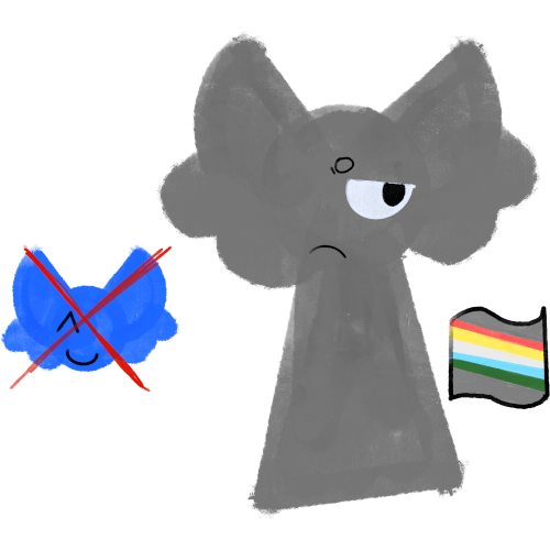  a grey person with ears, the disabled flag on their right side. on their left is a blue person with ears crossed out.