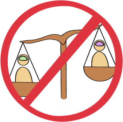 two people in an unbalanced, unequal, pair of scales. On the left is a person with a green brain who is lower down. On the right is a person with a purple brain who is lower up. They are “standard emoji yellow”. Around the image is a red circle with a line through it, which is a standard sigh that means something must not happen.