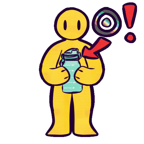 A drawing of a simplified yellow human holding a reusable plastic water bottle with two hands. Next to them is the disability sun symbol, which is a small circle inside a bigger ring, colored like the disability pride flag, followed by a red exclamation point. A red arrow goes from these symbols and points at the bottle the person is holding. The person is standing upright and has no facial features other than oblong dot eyes that don’t bear any particular expression. They are bald and don’t wear any clothing. Their hands are more akin to paws. 