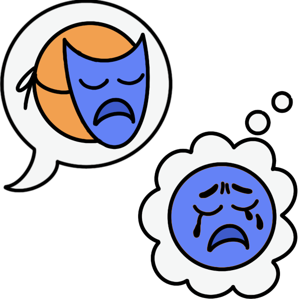 a speech bubble with a person wearing a mask in it. The mask is blue and shows a sad face. Below the speech bubble is a thought bubble with a person's face without a mask. It is also blue, and they are openly crying