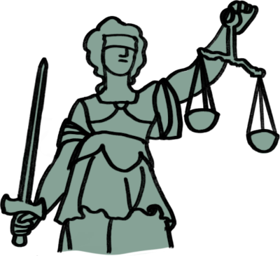 The personification of justice, Lady Justice, in a metallic, slightly greenish colour. She has a sword in one hand, and is holding up a pair of scales. She has a blindfold on, and curly hair tied behind her neck.