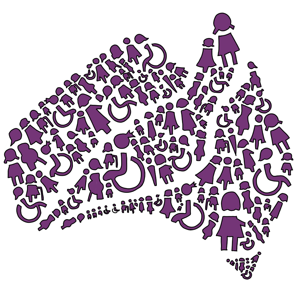 A drawing of the logo of Women With Disabilties Australia, which is a lot of tiny purple shapes of women with different disabilities making up the shape of Australia.