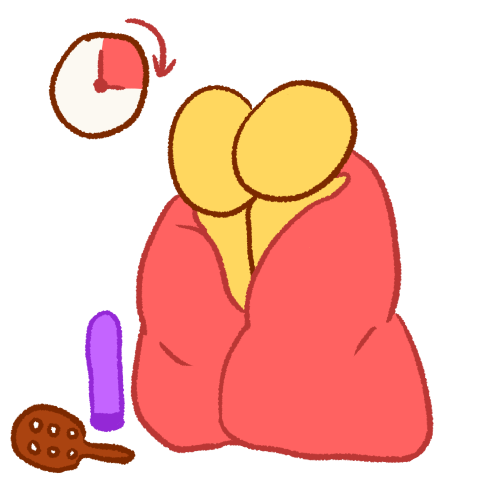 A drawing of two people sharing a large pink blanket. In the corner is a clock with a pink section and an arrow going from the start to the end of that section. In the bottom corner is a purple dildo and a brown paddle. 